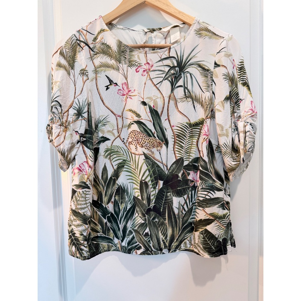 HM Tropical Leopard Print Blouse Cream Viscose Short Sleeve Tie Top Size 4